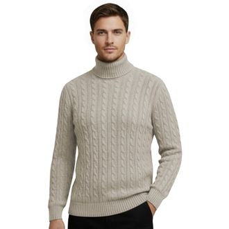 Janisramone Mens High Polo Roll Neck Jumper, Long Sleeve Cable Knitted Pullover Winter Jumpers for Men UK, Casual Turtle Neck Sweaters Stone