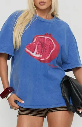Princess Polly Linsay Pomegranate Oversize Cotton Graphic T-Shirt in Blue /Pomegranate at Nordstrom, Size 8