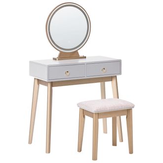 Beliani Beliani - Tocador Led Gris Dorado 80 X 40 Cm Mdf 4 Cajones Espejo Taburete Fedry