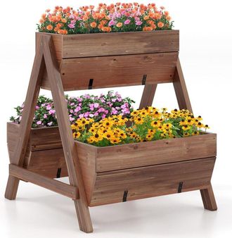 Costway Costway - Letto da Giardino Rialzato Verticale con 3 Fioriere in Legno e Fori di Drenaggio, Fioriera a Scala per Frutta, Verdura e Fiore, Aiuola per