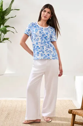Tribal Printed Slub Knit Crew Neck Top In Royal