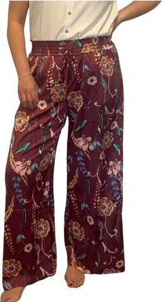 THML Clothing Sophia Floral Smocked Waist Wide Leg Pants In Burgundy
