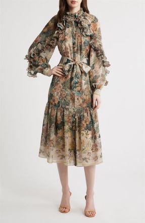 Kobi Halperin Amanda Floral Print Tie Waist Long Sleeve Midi Dress in Rose Multi at Nordstrom, Size X-Large