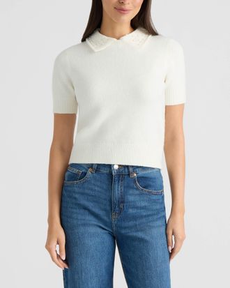 Ellen Tracy Womens Short Sleeve Sweater with Pearled Collar