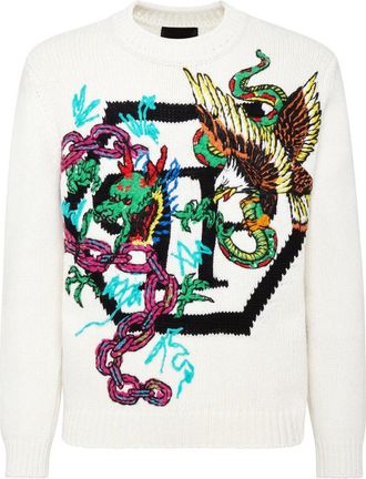 Philipp Plein Wool Cotton Pullover Ronde Hals LS Tattoo Patches - unisex - Ronde hals truien - Wit - M - Wol - Truien & Vesten