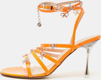 Mach & Mach Neon Orange Patent Leather Crystal Bow Camille Sandals