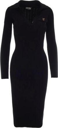 Elisabetta Franchi Logo-plaque Ribgebreide Midi Jurk - Dames - Casual kleedjes - Zwart - M - Kleedjes