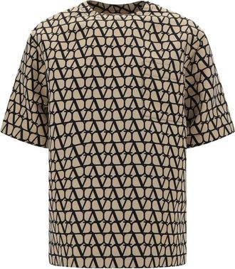Valentino Tops, Heren, Bruin, S, Zijden Crewneck T-shirt met icoon