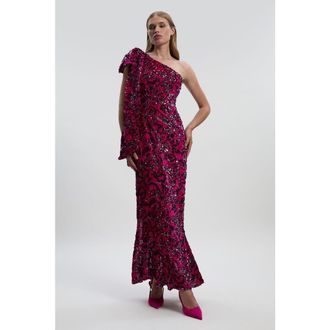 Karen Millen Velvet Sequin One Shoulder Maxi Dress in Purple at Nordstrom, Size 10