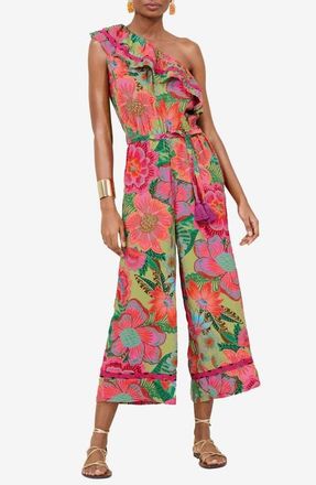 Lipsy Floral Print One Shoulder Crop Jumpsuit in Green at Nordstrom, Size 2 Us