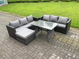 Fimous 7 Seater Rattan Outdoor Furniture Sofa Garden Dining Set with Oblong Dining Table Big Footstool Dark Grey