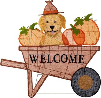 Glitzhome Handmade Lighted Fall Pumpkin Wheel Barrow With Labrador Outdoor Decor