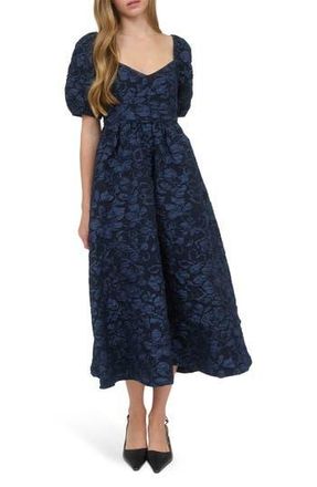 August Sky Sweetheart Puff Sleeve Midi Dress in Navy at Nordstrom Rack, Size Small