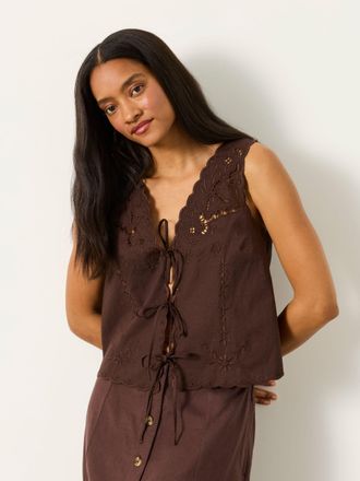 Fat Face FatFace Becky Chocolate Brown Regular Embroidered Waistcoat
