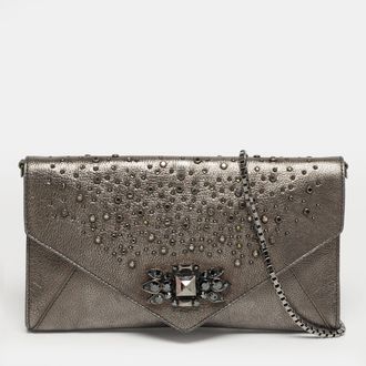Roberto Cavalli Crystal Embellished Metallic Grey Leather Chain Clutch