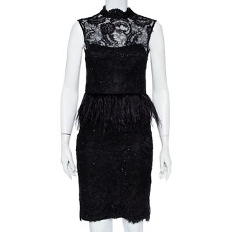 Alice & Olivia Alice + Olivia Black Embellished Lace & Feather Trim Patricia Peplum Dress