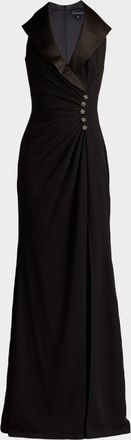 Tadashi Shoji Pleated Jewel-Embellished Crepe Tuxedo Gown