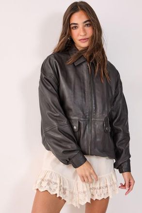 NASTY GAL Real Leather Oversized Bomber Jacket in Chocolate at Nordstrom, Size 10