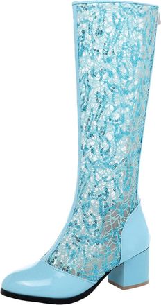 Generic Oversized Round Toe Hollow Design Women Mid Calf Boots with Elevated Thick High Heel for Ultimate Style and Comfort (Blue, 6.5)