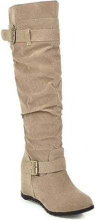 Generic Womens Knee-High Wedge Boots, Retro Plus Size Long Shaft Boots with Double Buckle Pleated Look Slip-On Shoes Autumn Winter Round Toe Dress Boots for O