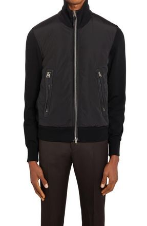 Tom Ford Mixed Media Funnel Neck Zip Sweater in Black at Nordstrom, Size 46 Us