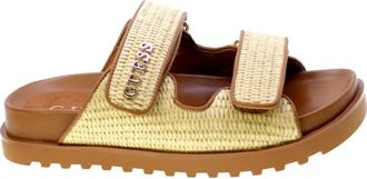 Guess Beige Rafia Muiltjes met Gouden Logo - Dames - Sandalen - Bruin - 36 EU - Schoenen