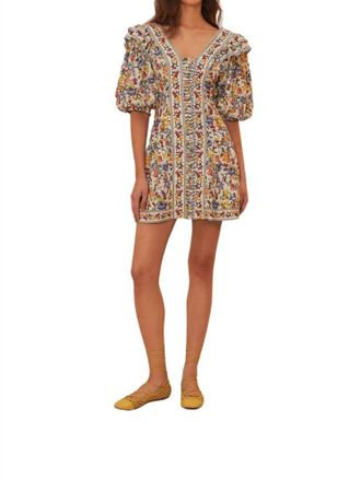 Farm Rio Puff Sleeves Mini Dress In Greek Garden