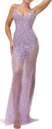 Terani Couture Plunging Neckline Bodycon Sleeveless Tulle Long Prom Dress In Lavender