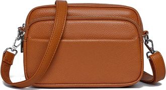 Generic Compatible For Many Pocket Real Leather Women Shoulder Messenger Bags Female Soft Cowhide Handbags(Light brown)