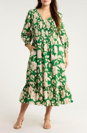 Sugarlips Lucena Smocked Tiered Poplin Maxi Dress in Green-Multi at Nordstrom, Size 1X