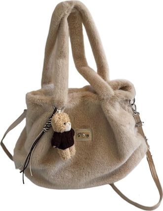 Generic Womens Plush Bags Fluffy Womens Handbag Winter Plush Shoulder Bag Large Capacity Fur Underarm(Khaki,With pendant)