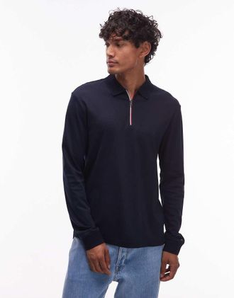 Tommy Hilfiger Polo a maniche lunghe blu navy stile rugby con zip