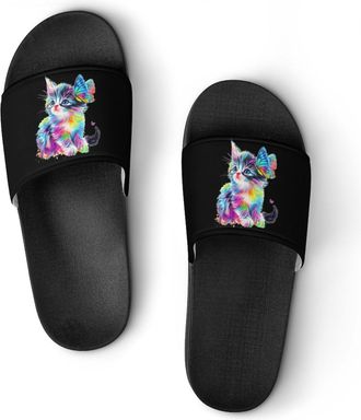 Generic Colorful Cat with Butterfly Shower Shoes Slipper for Women Men Beach Slippers Quick Drying Non Slip Open-Toe Sandals