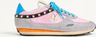 Valentino Garavani Stud Up Trainer In Split Leather And Nylon With Butterfly Embroidery Man PINK/MULTICOLOUR 40.5