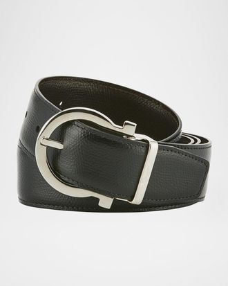 Ferragamo Men & apos;s Stamped Leather Gancio Buckle Belt