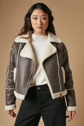 Oasis Womens PU Borg Detail Collared Zip Jacket - Chocolate - Size X-Large