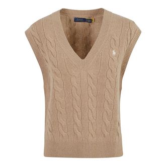 Ralph Lauren Vest met V-hals en Kabelsteek - Dames - V-hals truien - Bruin - M - Wol - Truien & Vesten