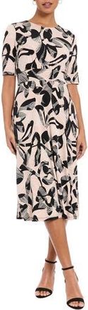 London Times Short Sleeve Inset Waist Midi Dress in Black/Tan at Nordstrom Rack, Size 14
