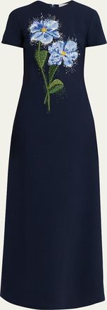 Oscar De La Renta Floral Beaded Short-Sleeve A-Line Gown