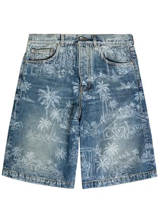 Amiri Palm Printed Denim Shorts - Indigo - 36 (W36 / XL)