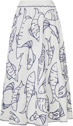 Farm Rio Farm Rio Womens Fresh Fish Embroidered Cotton Midi Skirt in Off-White