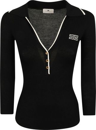 Elisabetta Franchi Ribbed Knit Intarsia Slim-Fit Polo Shirt