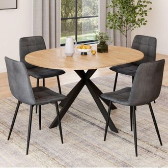 IDMarket Mesa De Comedor Redonda Extensible Alix 110 - 150 Cm Y 4 Sillas Mila De Terciopelo Gris Oscuro