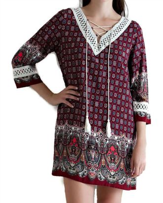 Entro Border Print Tassel Tie Mini Dress In Burgundy