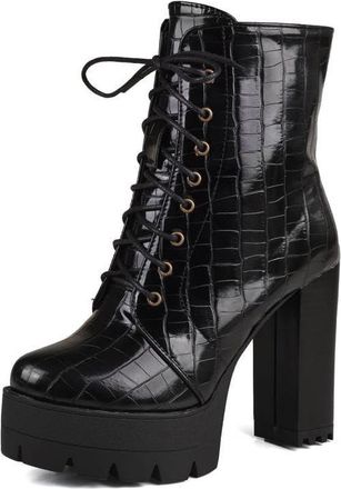 Generic Womens Fashion Ankle Boots Faux Leather Crocodile Pattern Lace Up Block Heels Platform Comfortable Anti Slip Wear Resistant For Party Daily Street Sty