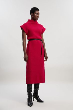 Karen Millen Womens Wool Blend Cosy Knit Belted Midi Dress - Fuchsia - Size X-Small