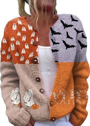 Generic Halloween Jumpers Women Halloween Cardigan for Women UK Plus Size Funny Pumpkin Ghost Jumper Lightweight Long Sleeve Button Down Knitted Sweaters Ladi