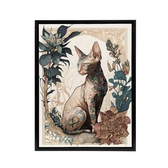 Artery8 Sphynx Cat With Flower Blooms Framed Canvas Wall Art Print | Size: W24 x H32