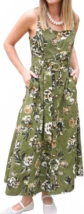 Entro Floral Belted Midi Dress In Olive Green