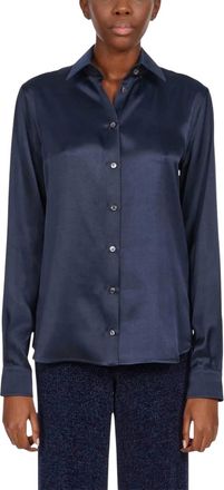 Ferragamo Satin Button Up Shirt In Blue
